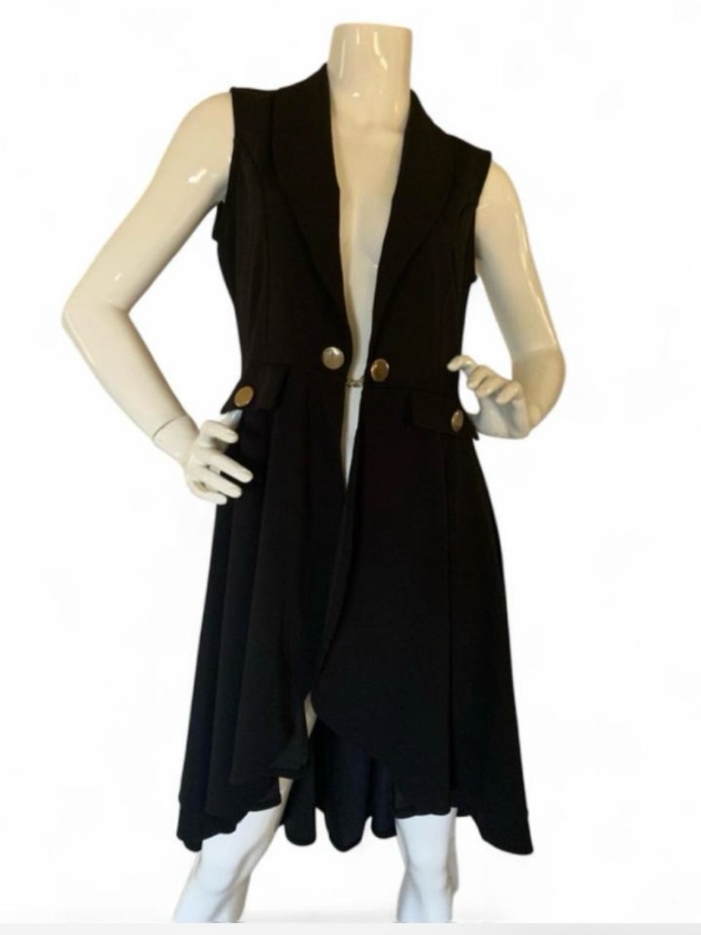 Park Avenue Black Sleeveless Draped Vest with Gold-Tone Buttons